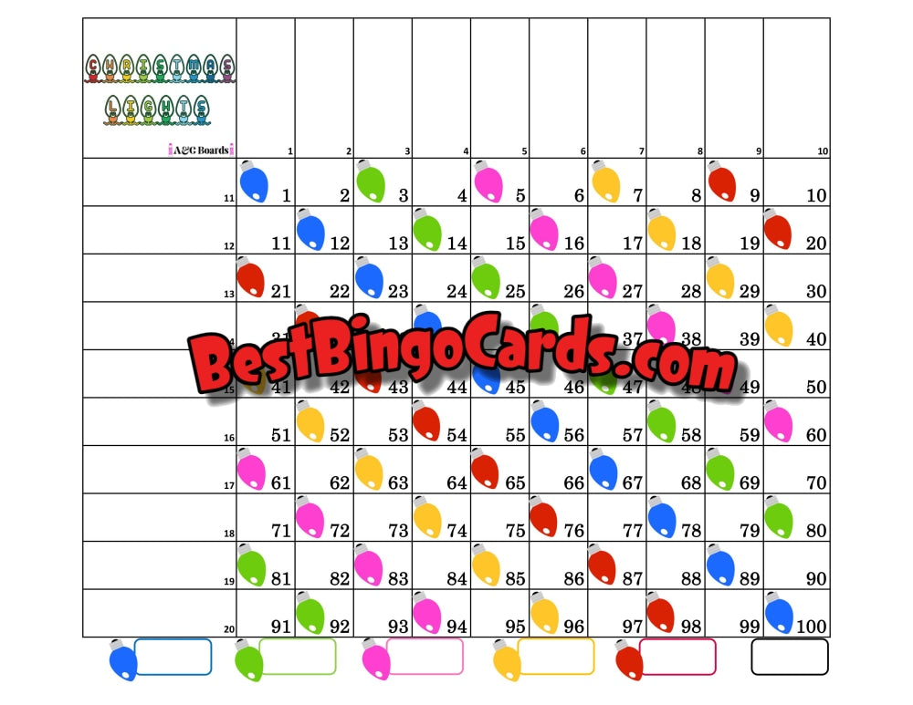 Bingo Boards 100 Ball Grid - Christmas Lights Straight Sets