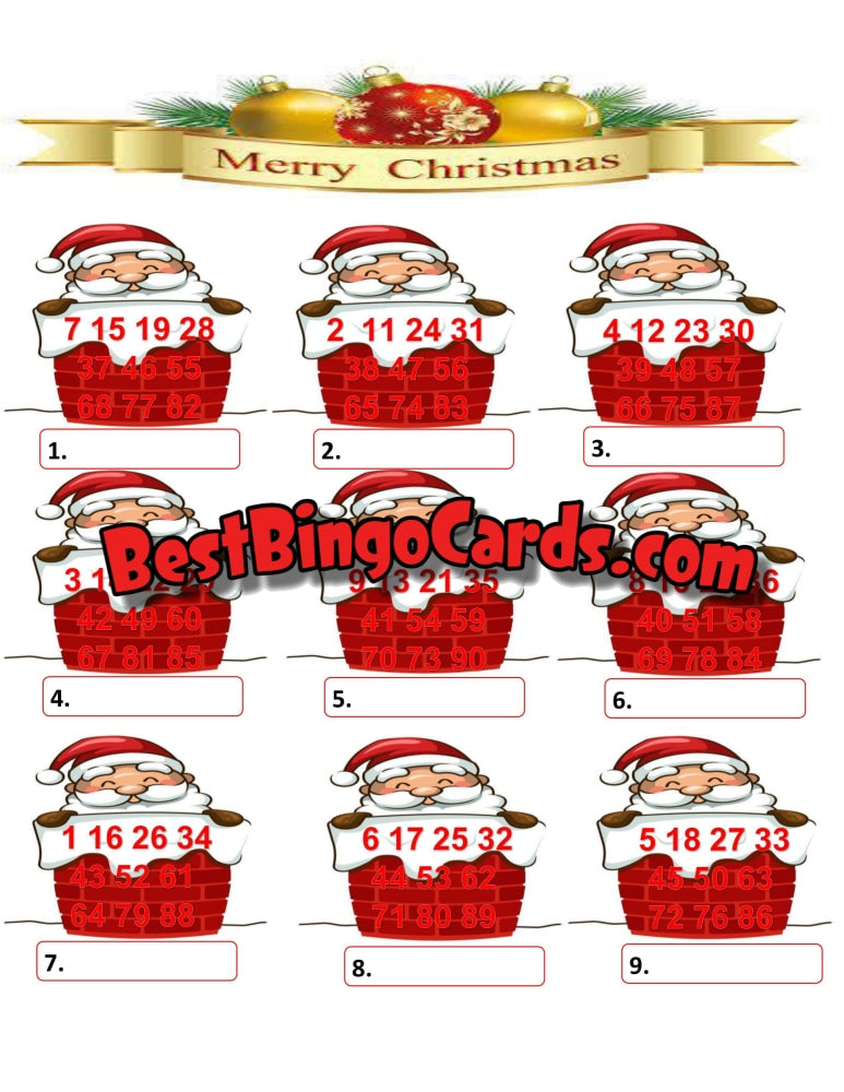 Bingo Boards 9 Players 90 Ball - Merry Christmas Picture Straight And Mixed